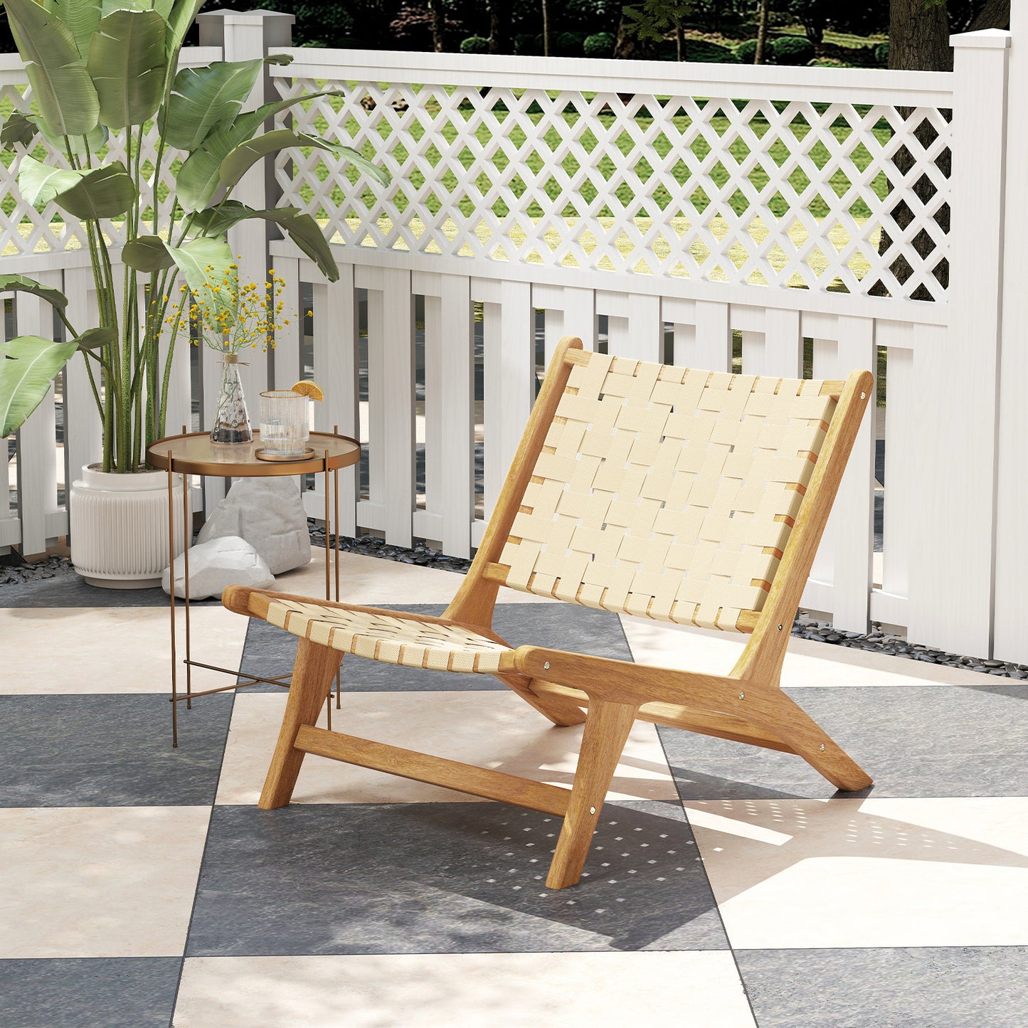 Teak Wood Armless Patio Dining Chair with Webbing Seat
