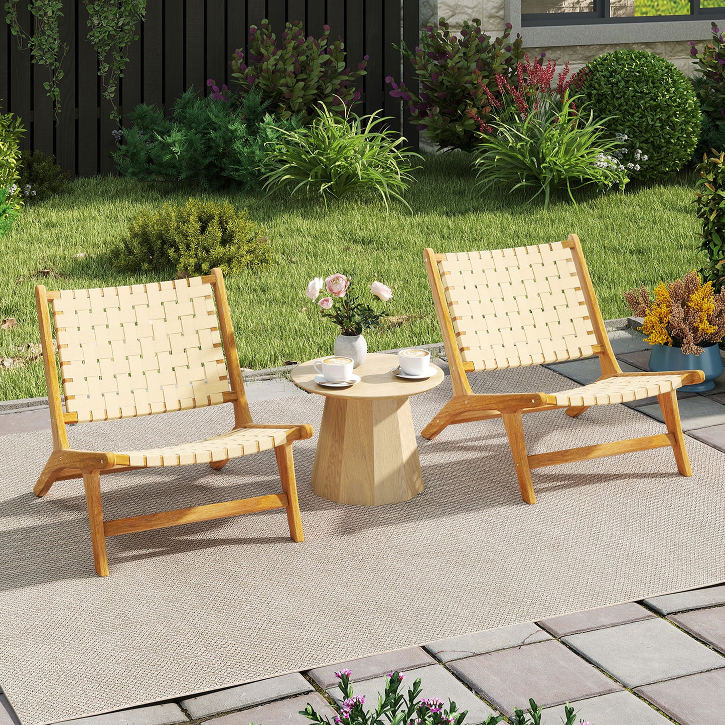Teak Wood Armless Patio Dining Chair with Webbing Seat