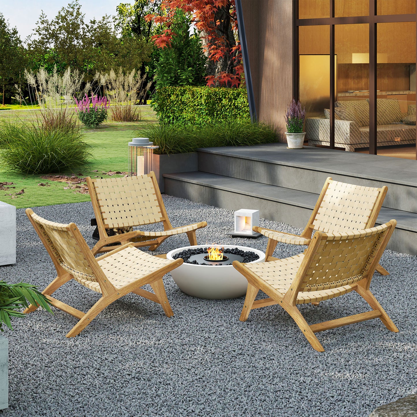 Teak Wood Armless Patio Dining Chair with Webbing Seat