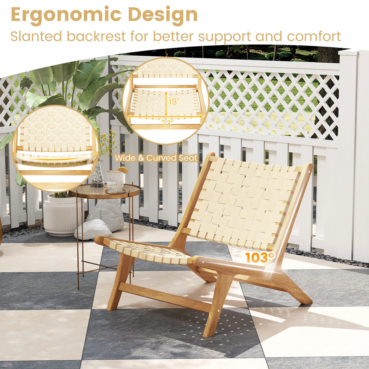 Teak Wood Armless Patio Dining Chair with Webbing Seat