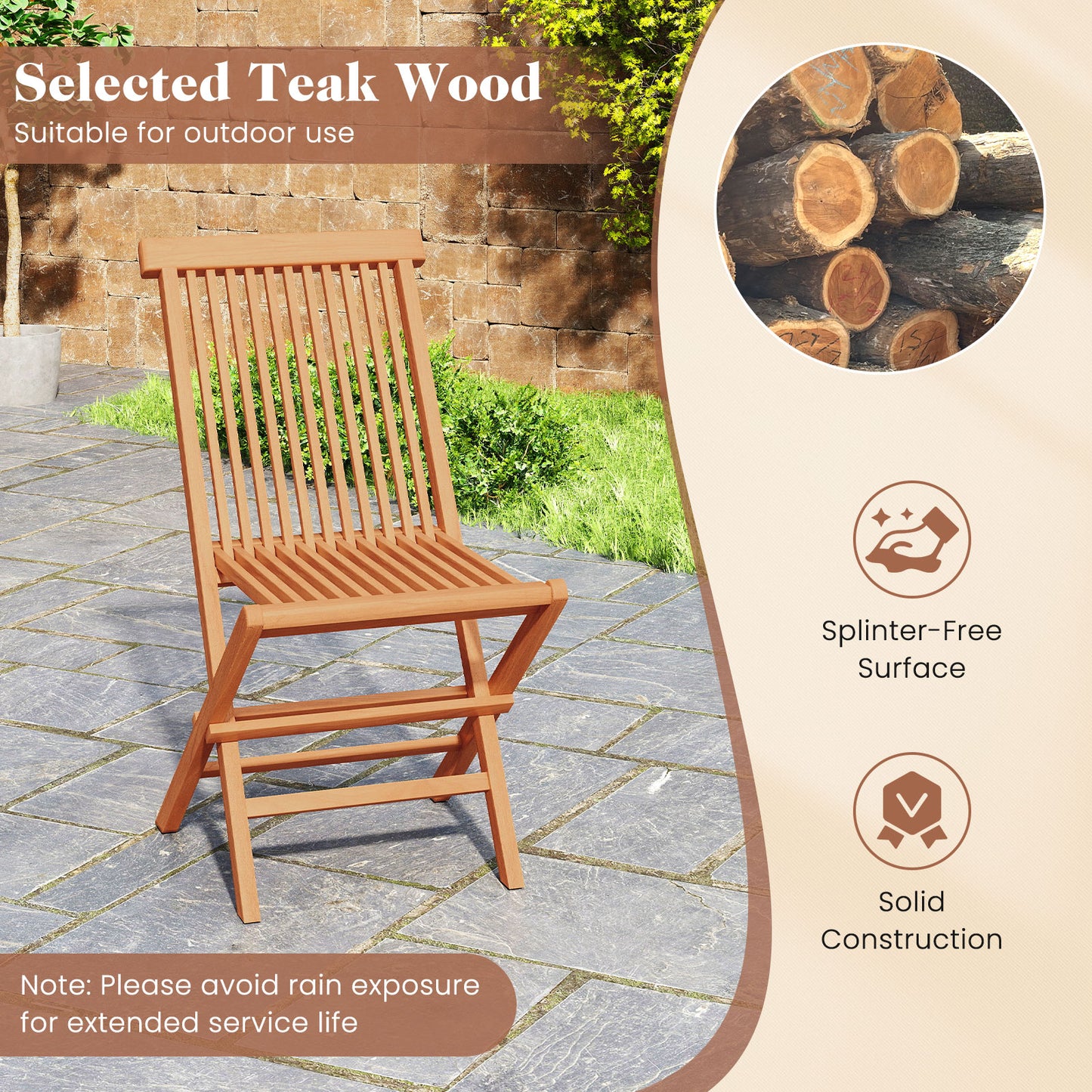 Teak Wood Patio Dining Chairs Set of 2 with High Back