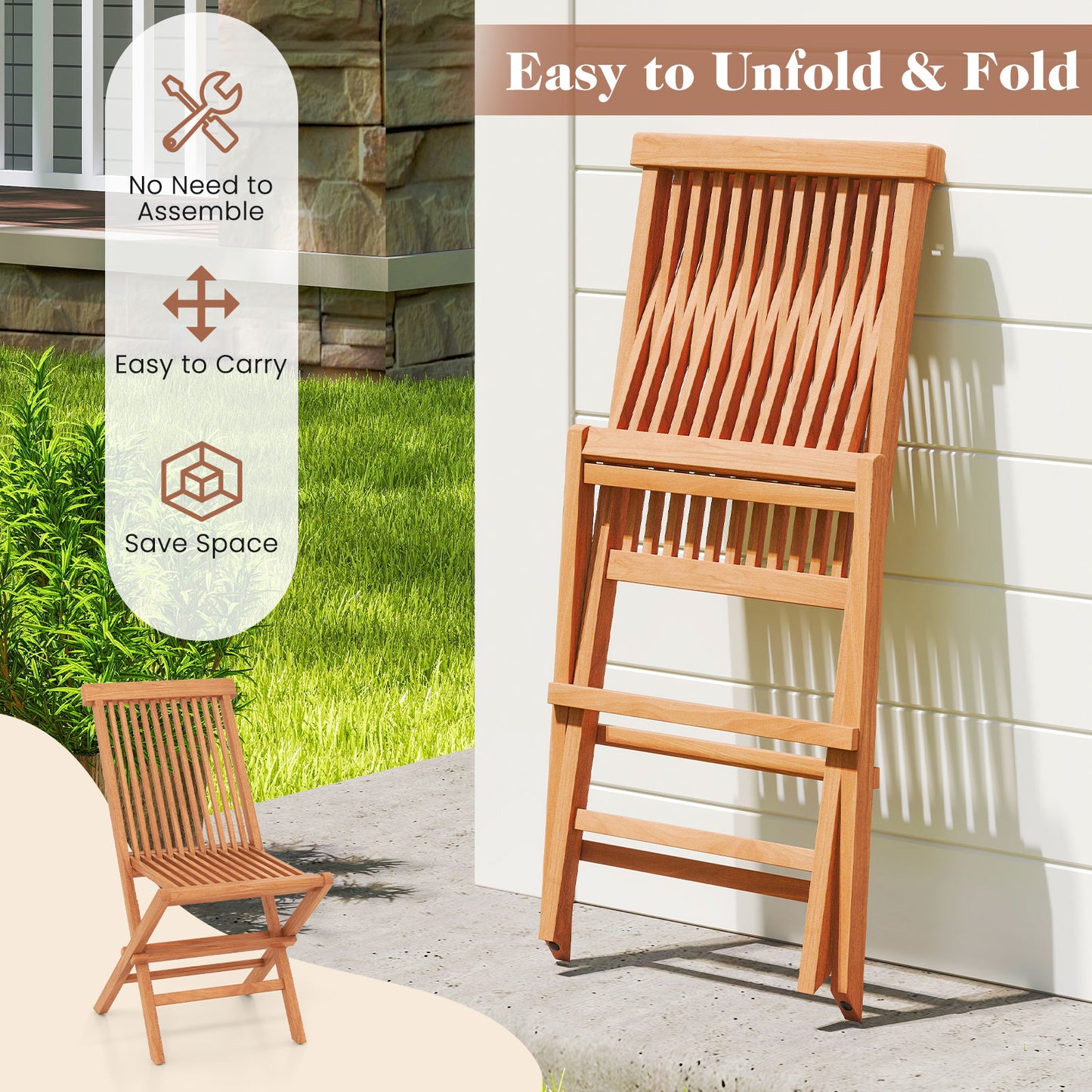 Teak Wood Patio Dining Chairs Set of 2 with High Back