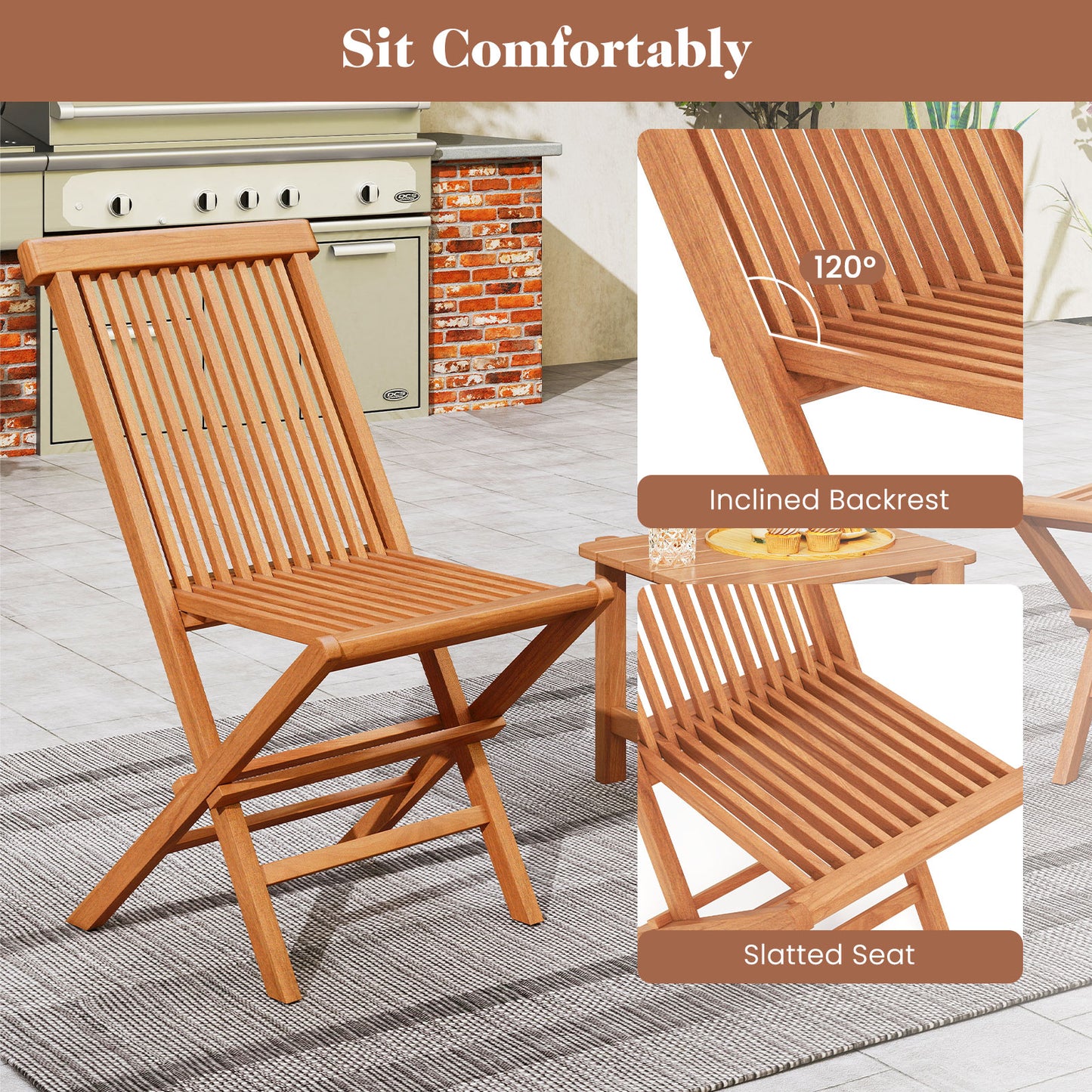 Teak Wood Patio Dining Chairs Set of 2 with High Back