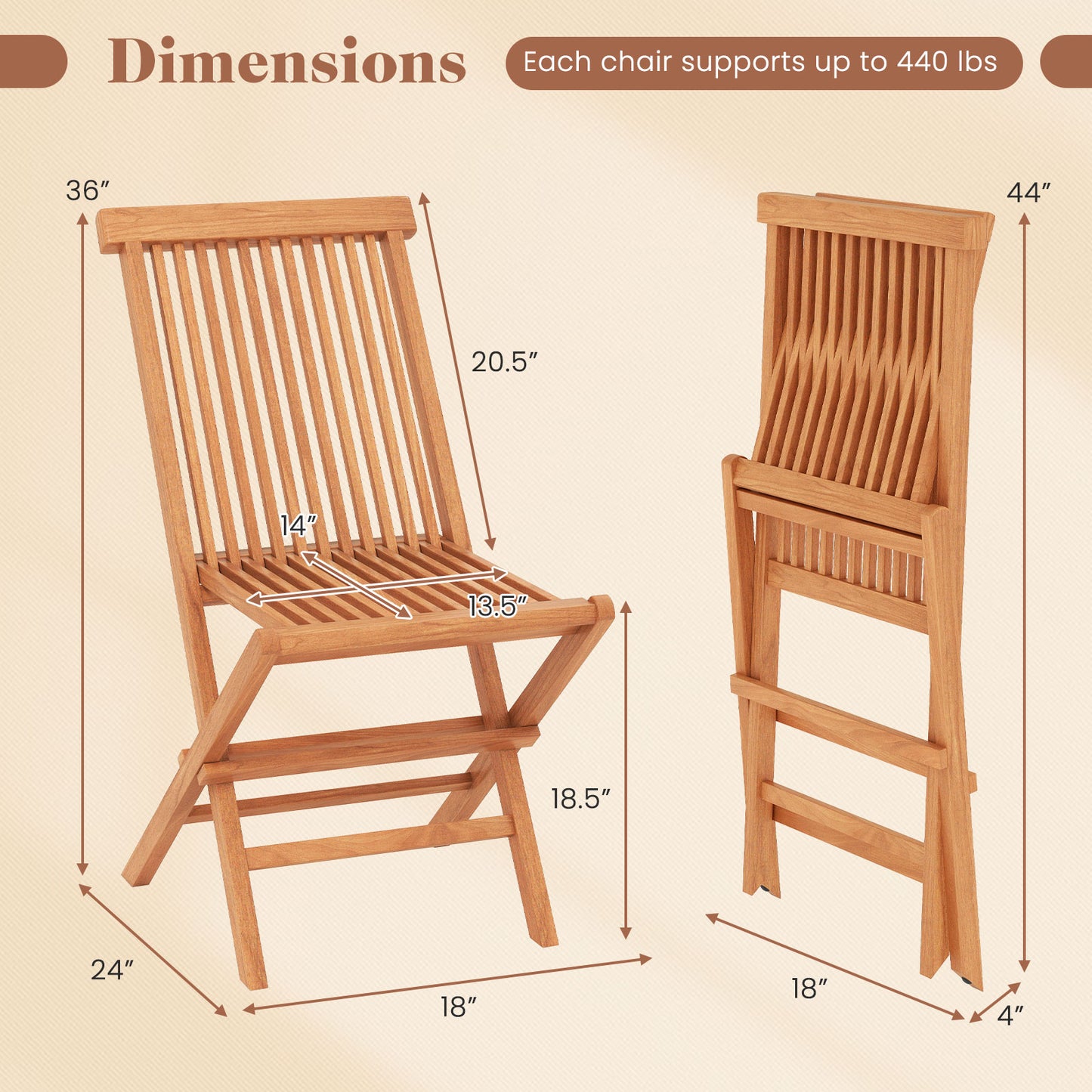 Teak Wood Patio Dining Chairs Set of 2 with High Back