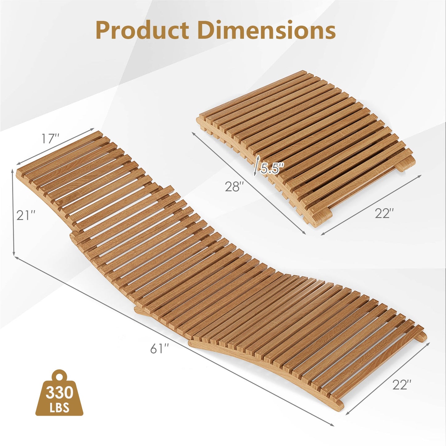 Teak Wood Patio Folding Chaise Lounge Chair with Slatted Seat