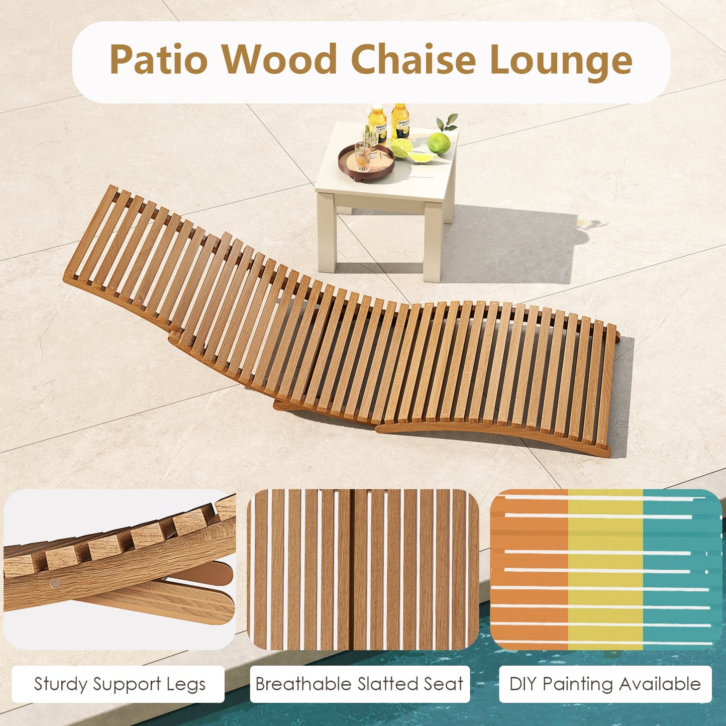 Teak Wood Patio Folding Chaise Lounge Chair with Slatted Seat