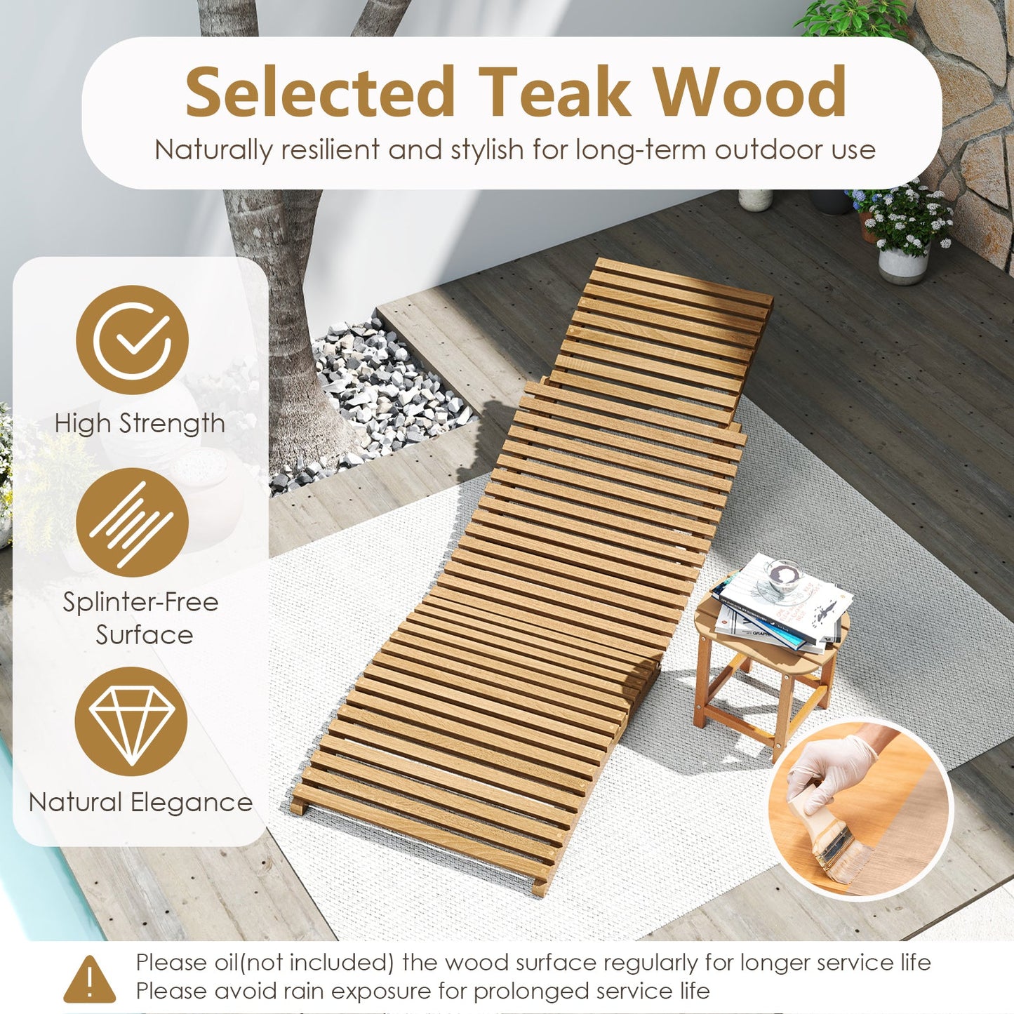 Teak Wood Patio Folding Chaise Lounge Chair with Slatted Seat