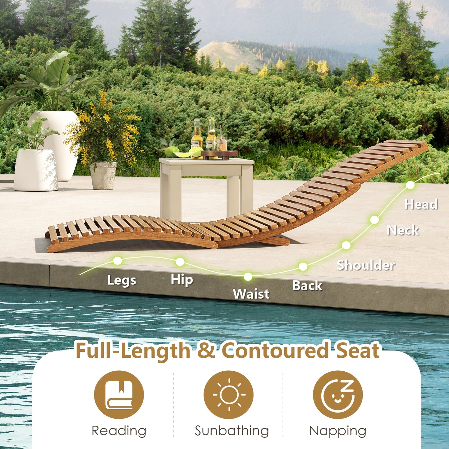 Teak Wood Patio Folding Chaise Lounge Chair with Slatted Seat