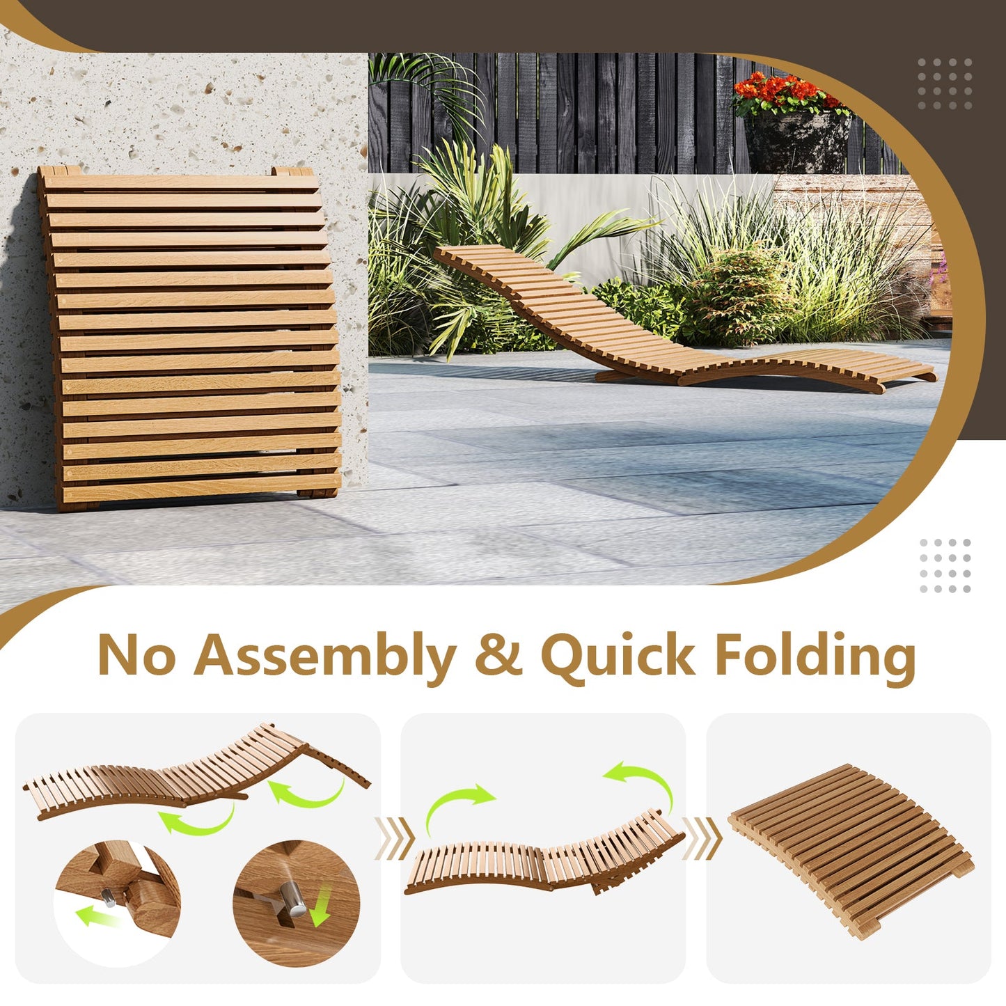 Teak Wood Patio Folding Chaise Lounge Chair with Slatted Seat