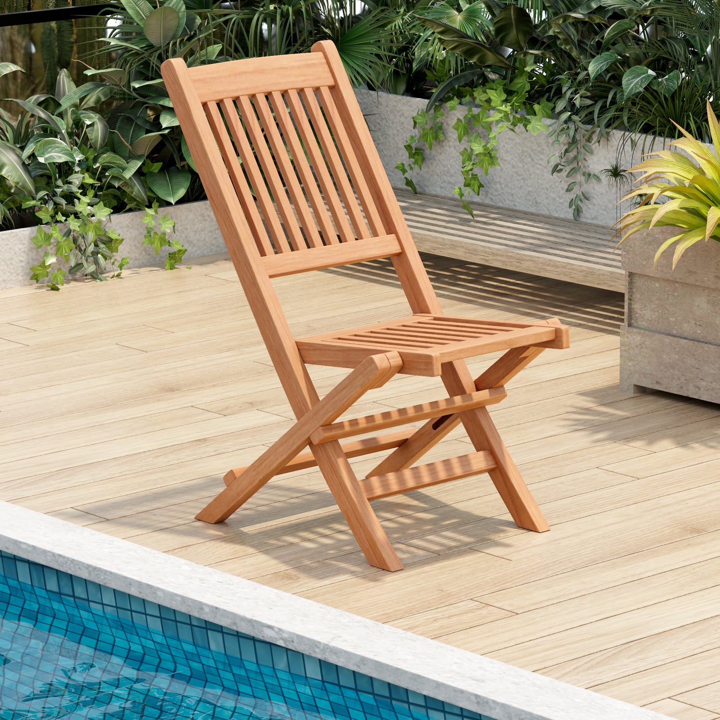 Teak Wood Folding Patio Dining Chair with Slatted Seat