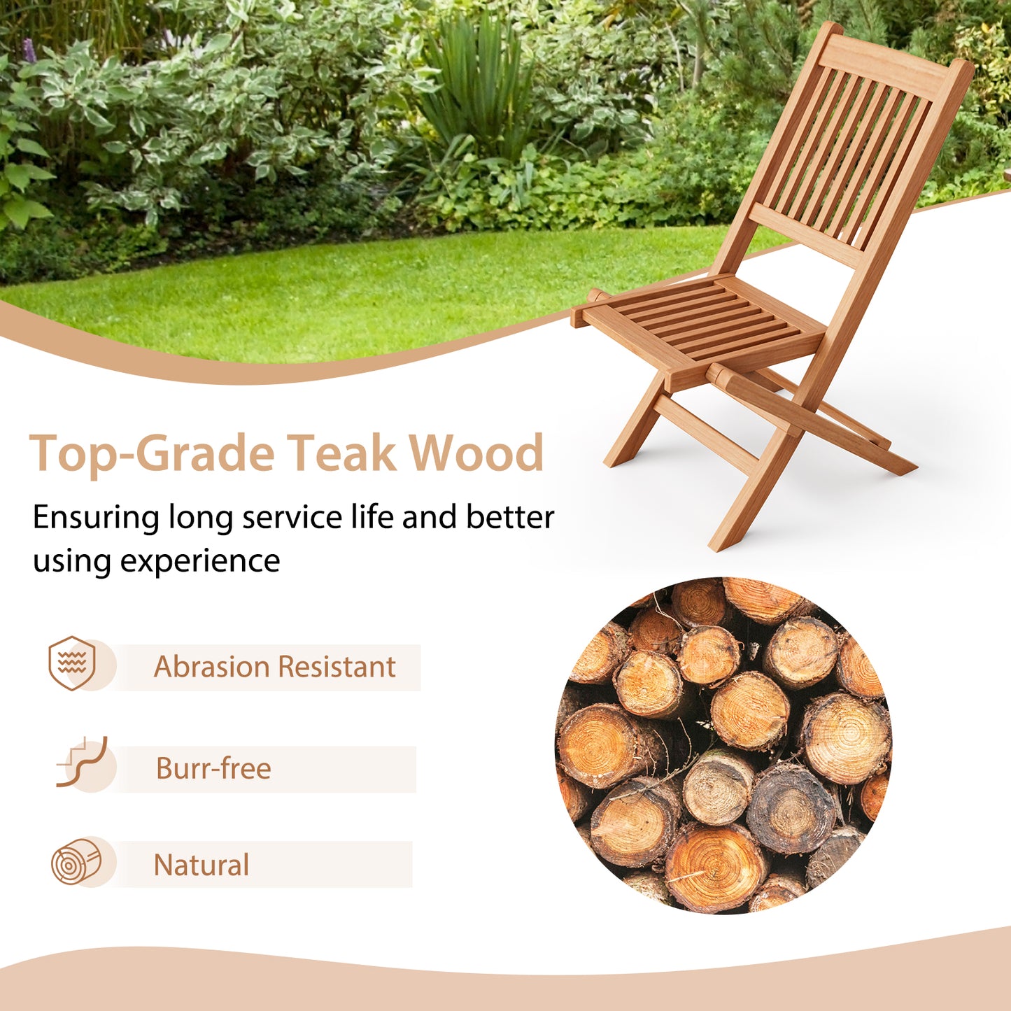 Teak Wood Folding Patio Dining Chair with Slatted Seat