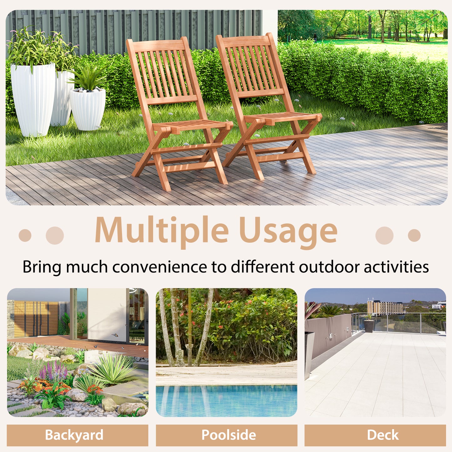 Teak Wood Folding Patio Dining Chair with Slatted Seat