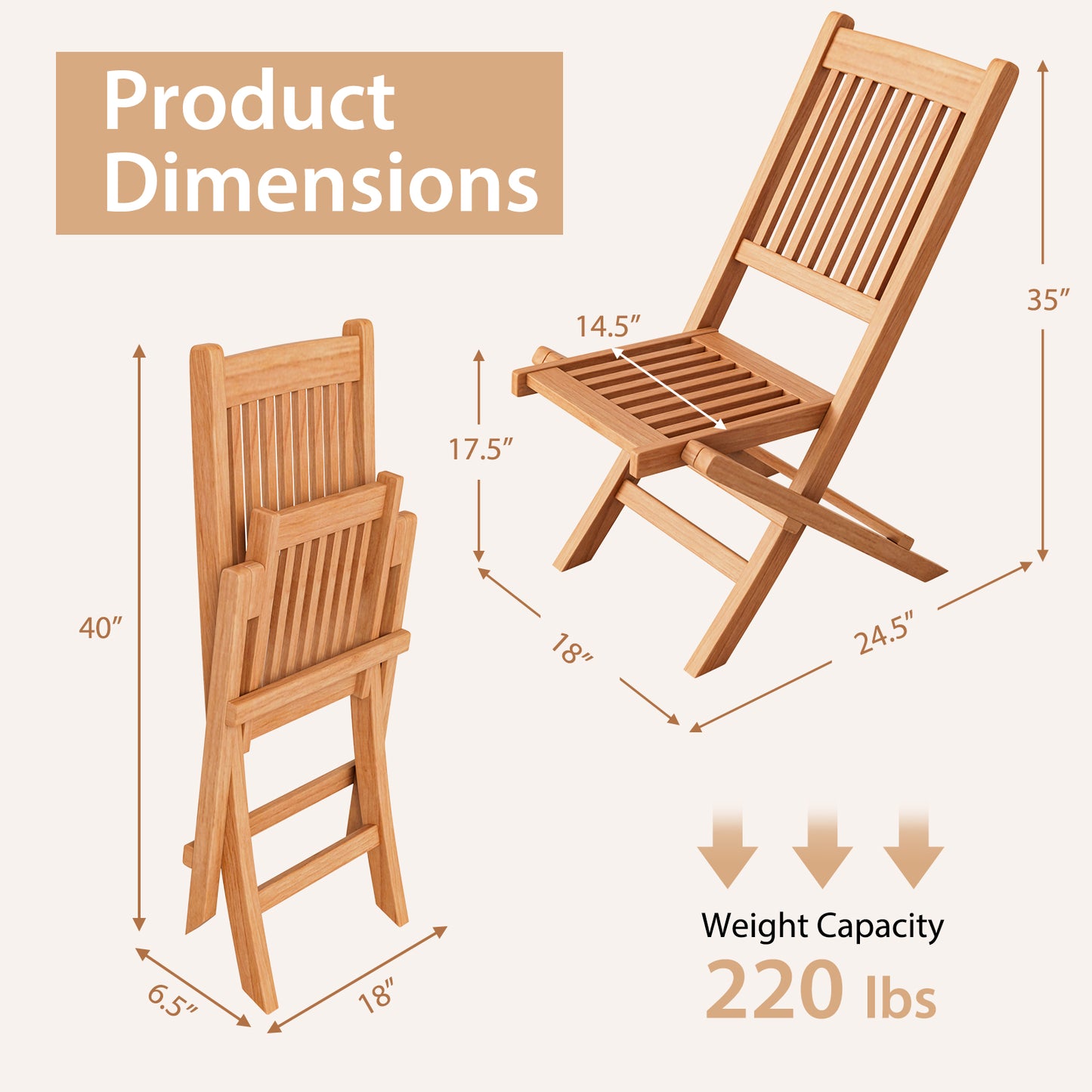 Teak Wood Folding Patio Dining Chair with Slatted Seat