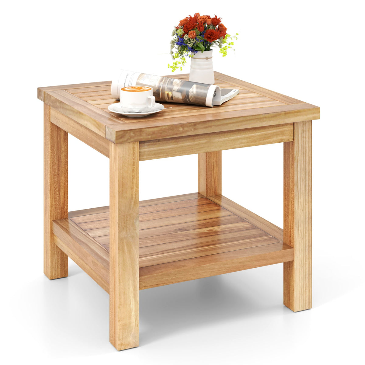 Teak Wood Square Side Table with Open Shelf for Small Space