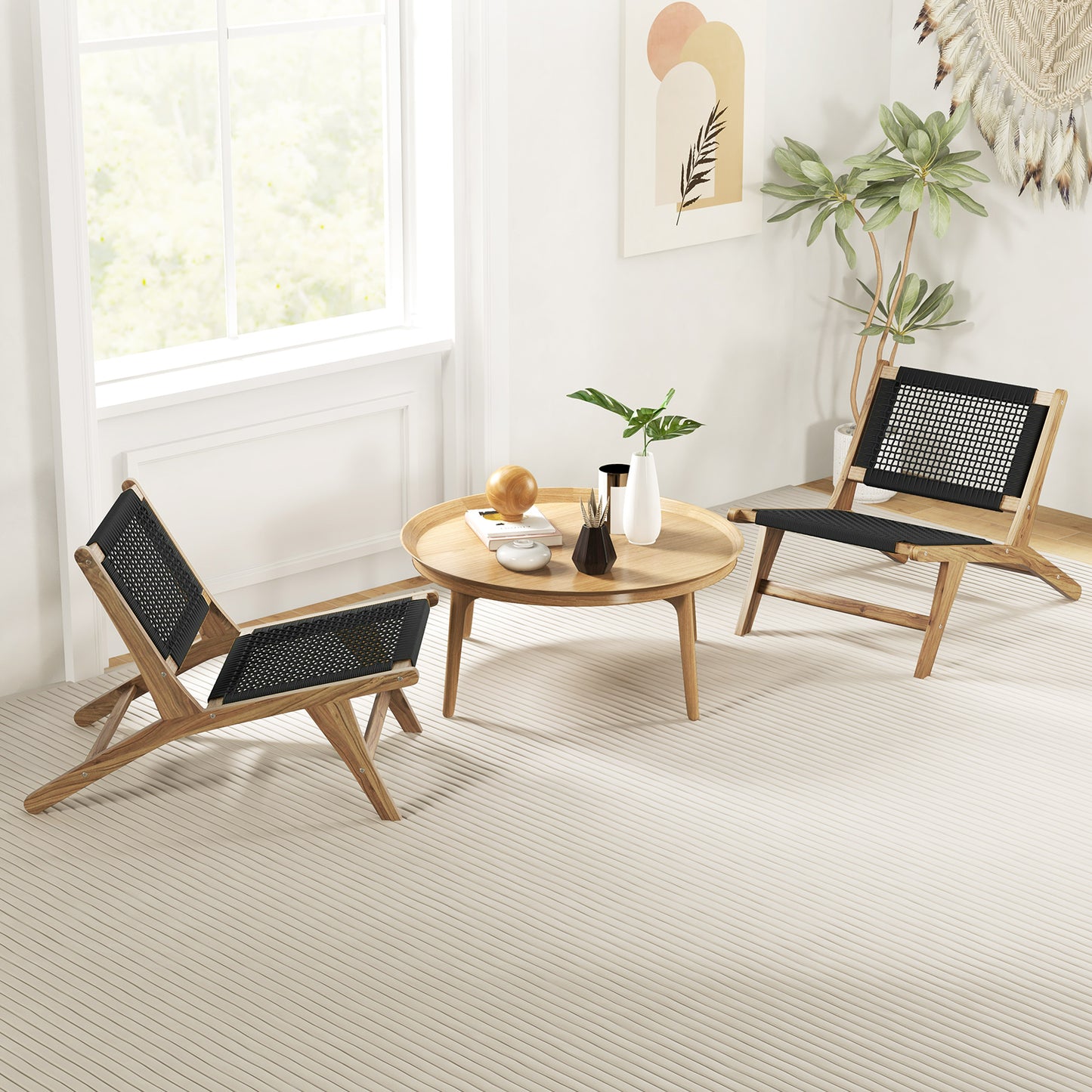 Teak Wooden Chair with Handwoven Cordage Seat