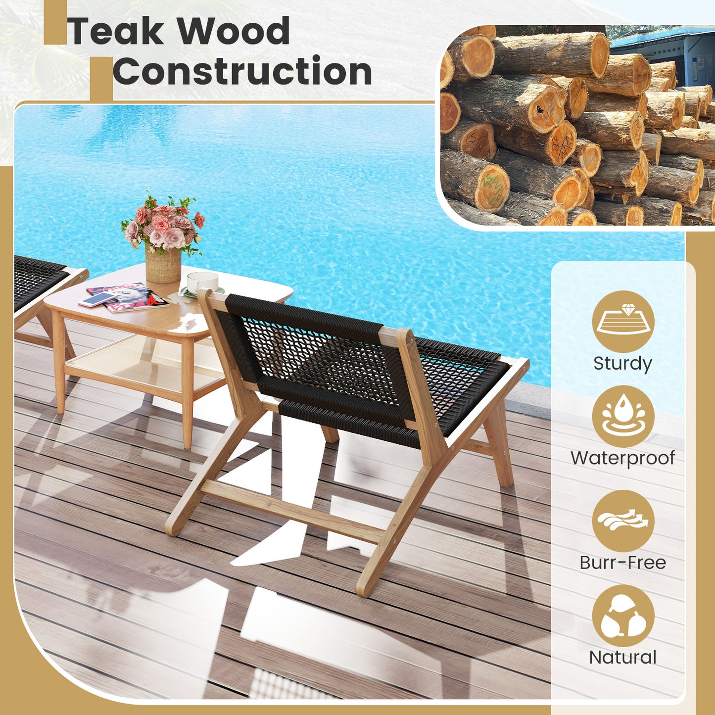 Teak Wooden Chair with Handwoven Cordage Seat