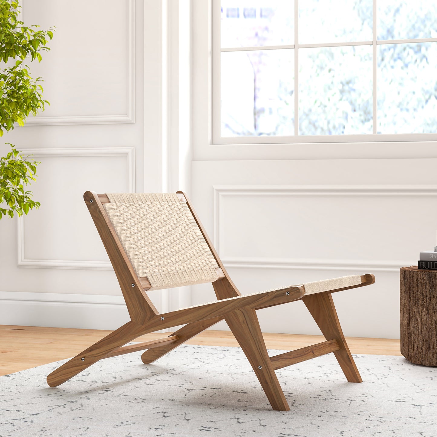 Teak Wooden Chair with Braided Rope Seat and Backrest