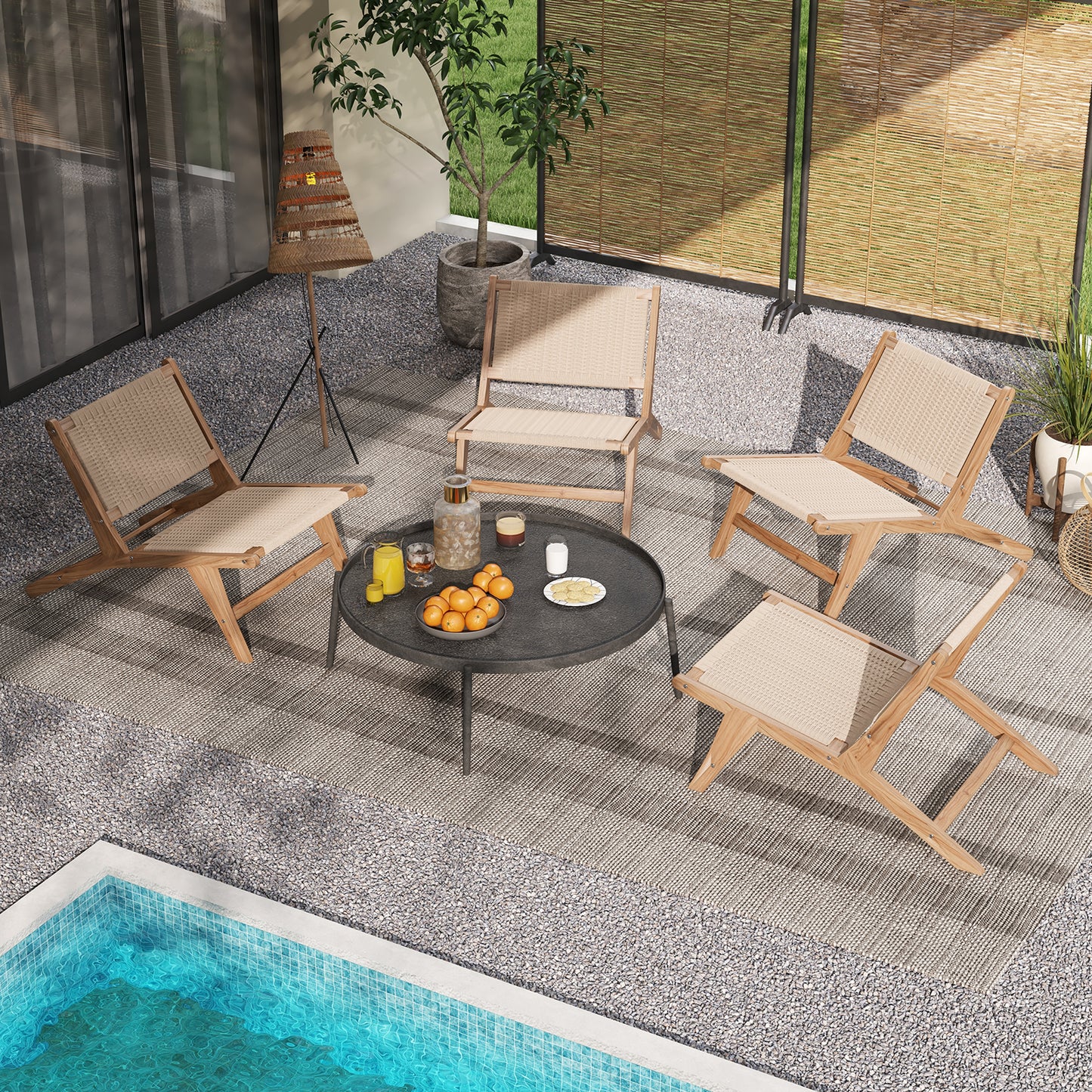 Teak Wooden Chair with Braided Rope Seat and Backrest
