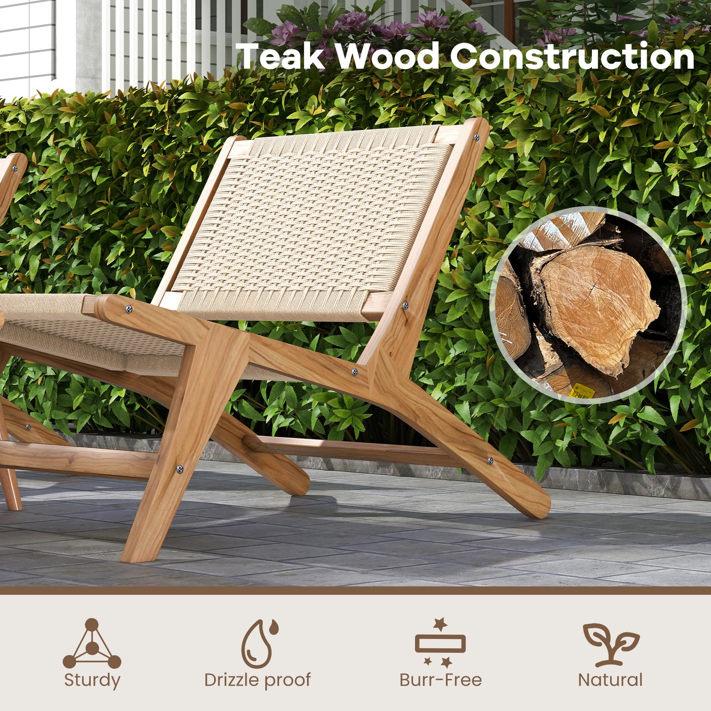 Teak Wooden Chair with Braided Rope Seat and Backrest