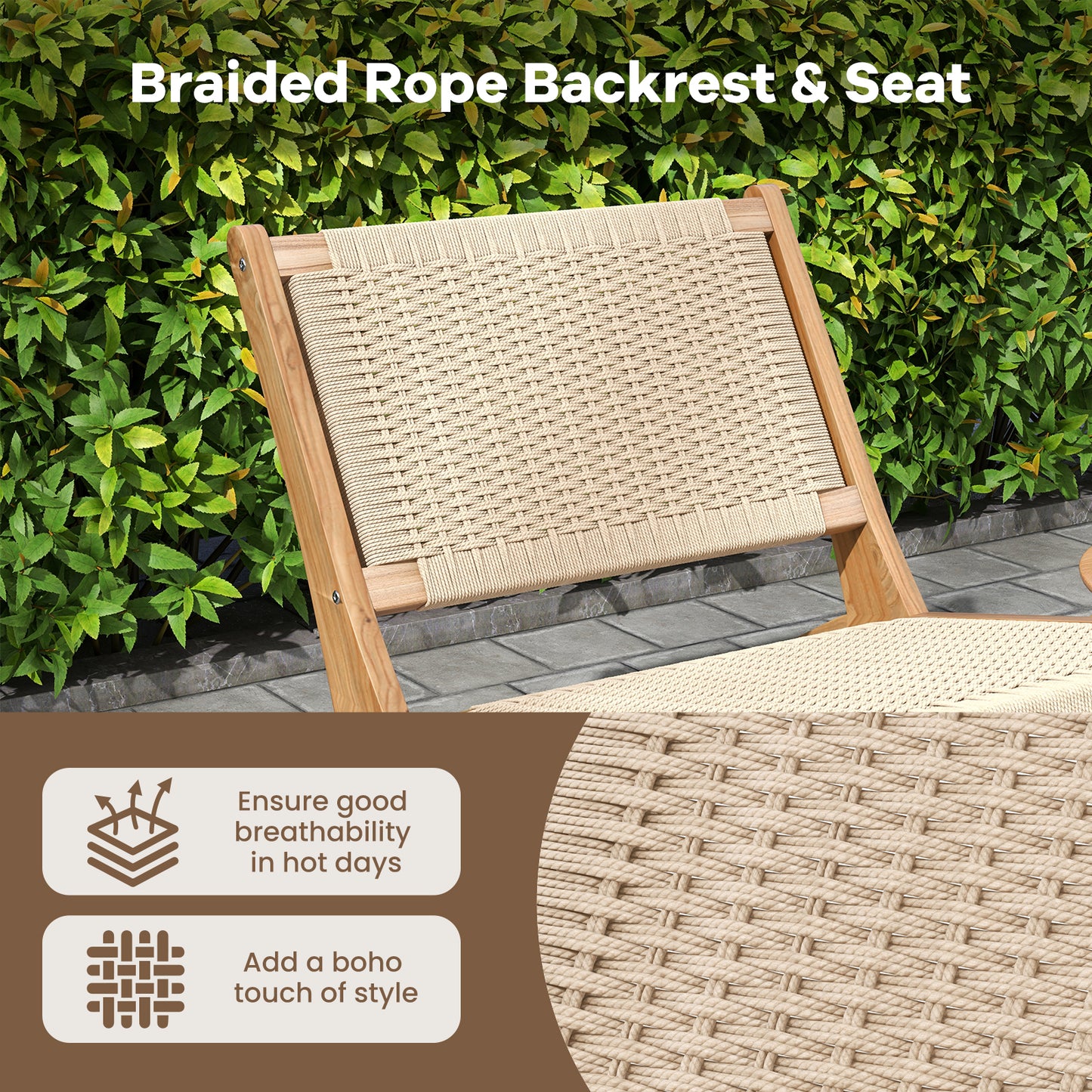 Teak Wooden Chair with Braided Rope Seat and Backrest