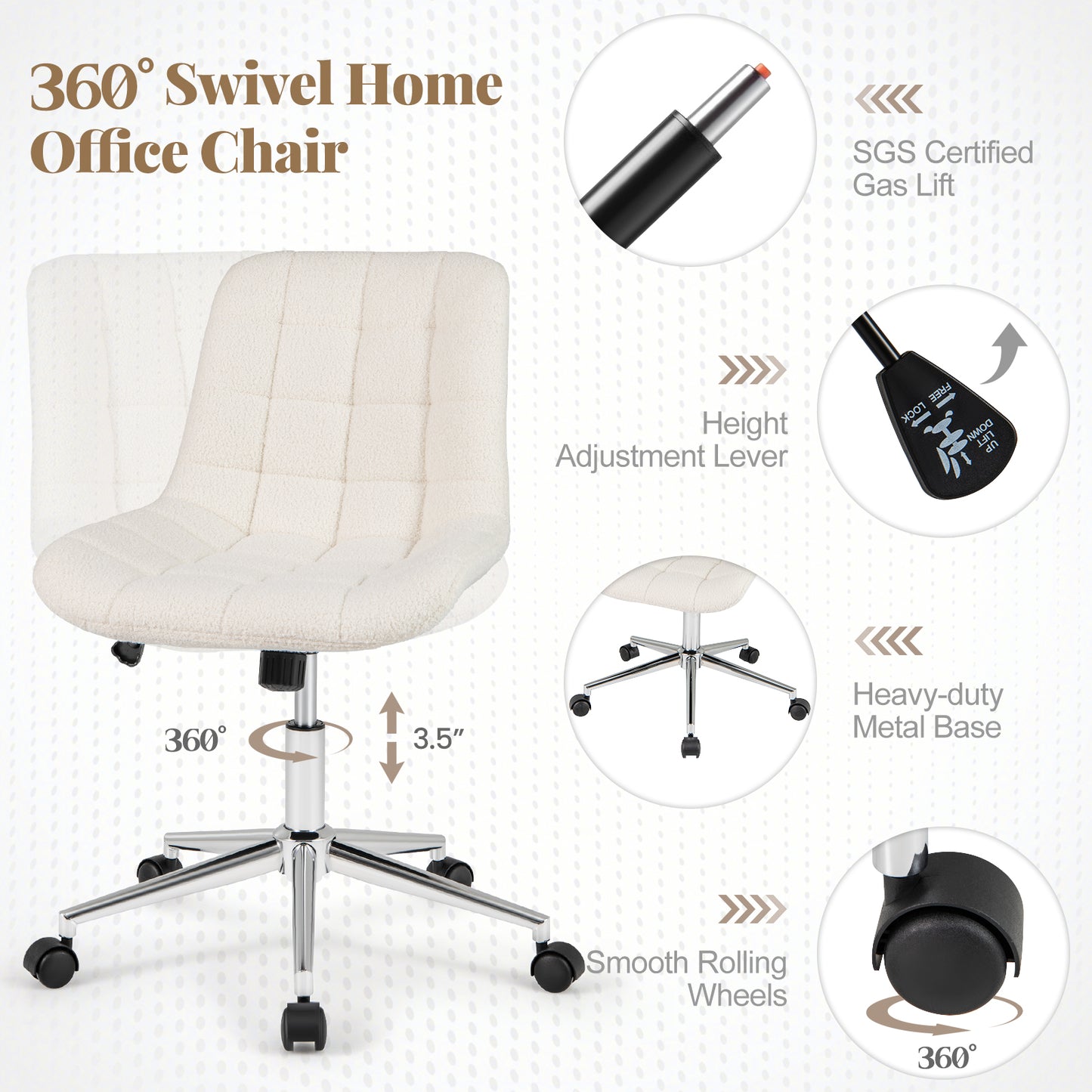 Armless Office Chair with Teddy Fleece and Adjustable Height