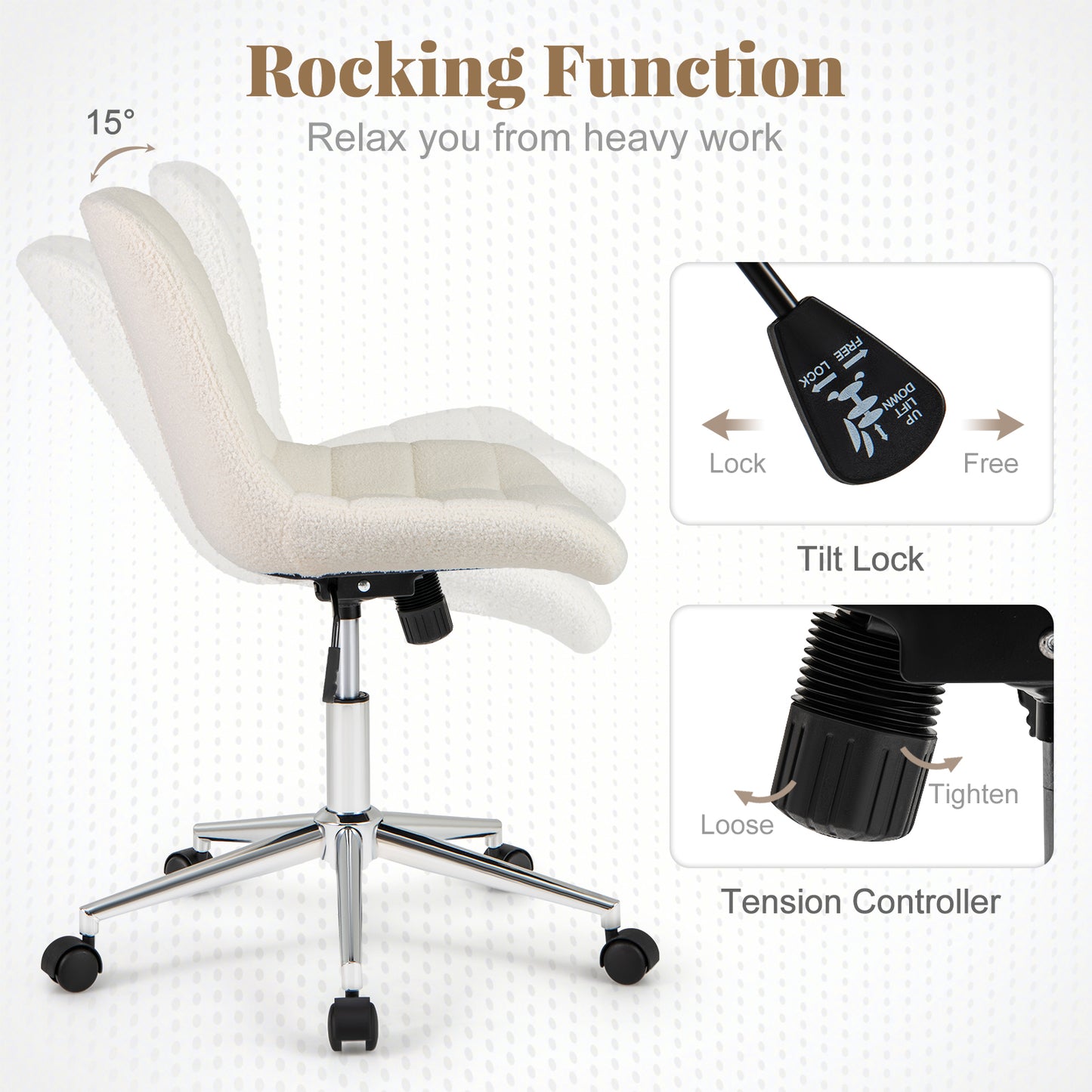 Armless Office Chair with Teddy Fleece and Adjustable Height