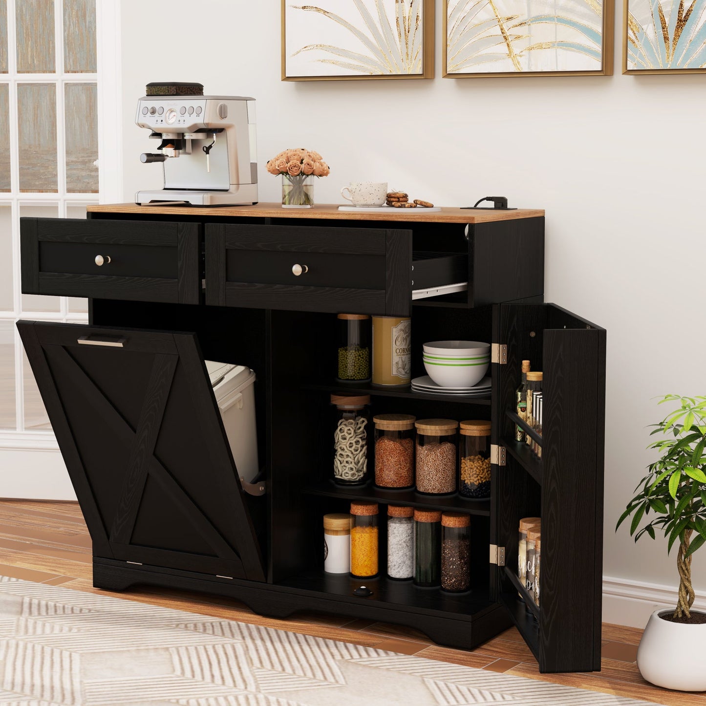 Large Buffet Cabinet Hidden Tilt Out Trash Can Cabinet with 2 Glass Doors