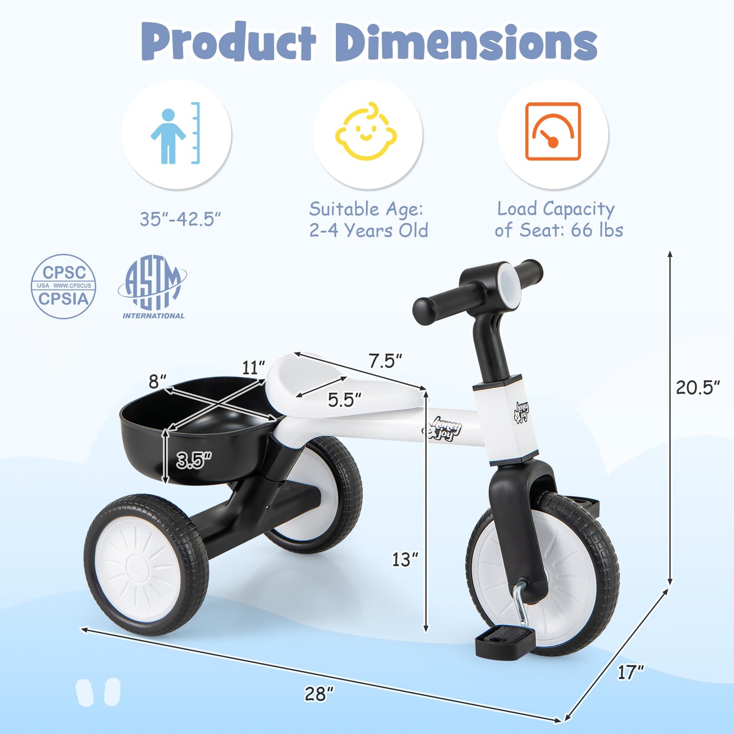 Toddler Convertible Trike with 86° Limited Steering Angle and Carbon Steel Frame-White