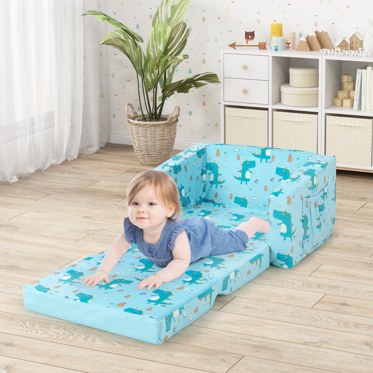Kids Recliner Sofa Converts to Sleeper Bed - Blue Dinosaur