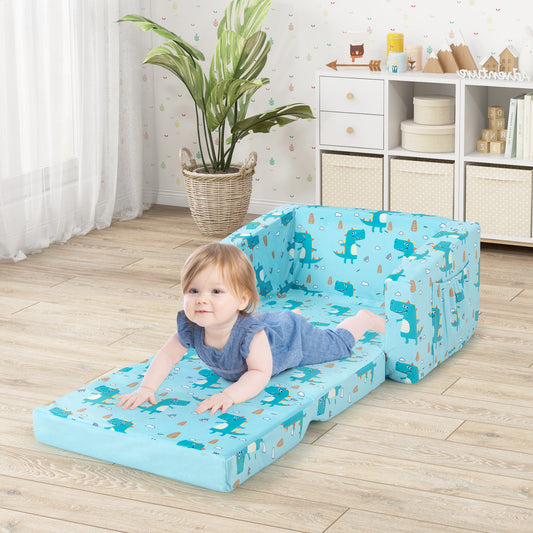 Kids Recliner Sofa Converts to Sleeper Bed - Blue Dinosaur