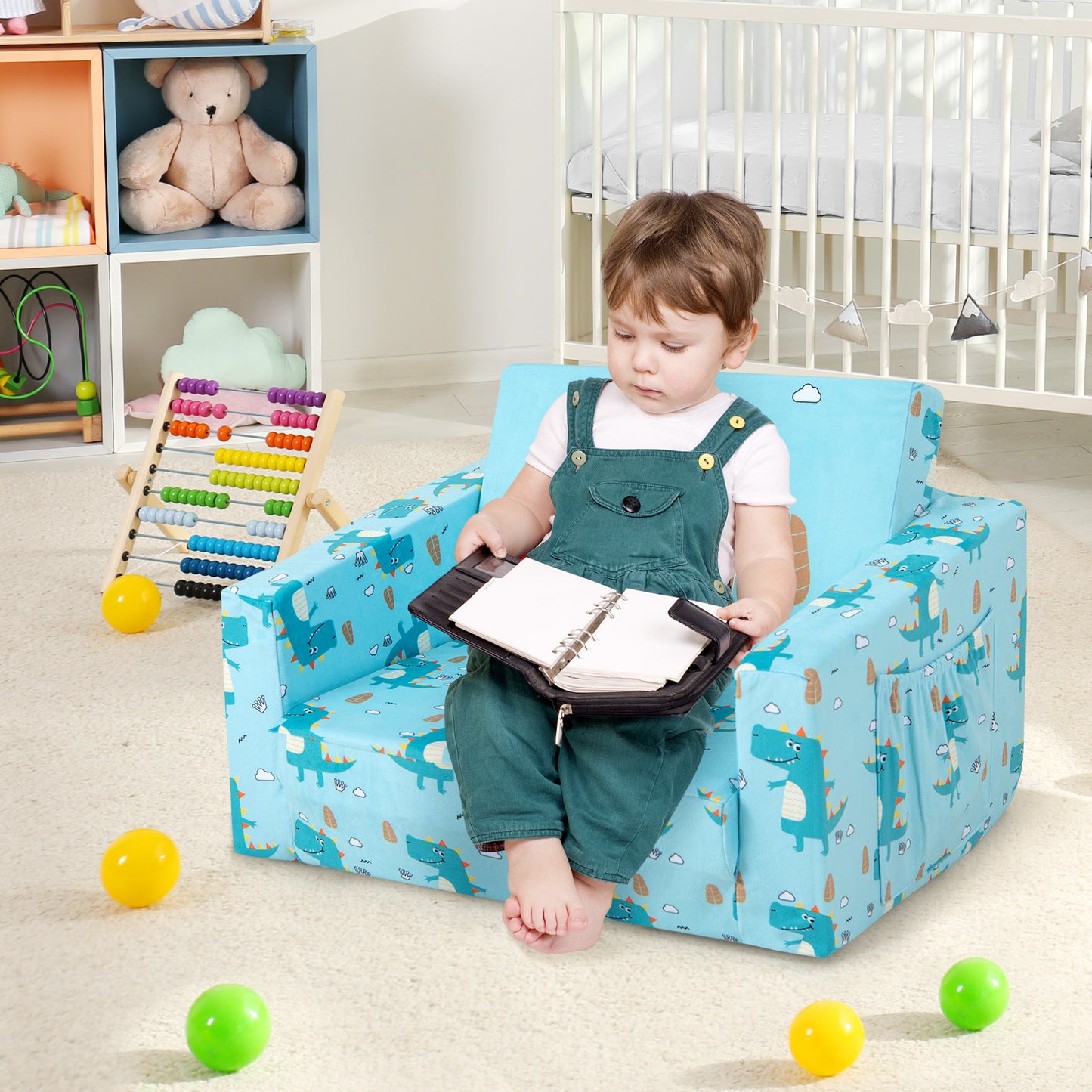 Kids Recliner Sofa Converts to Sleeper Bed - Blue Dinosaur