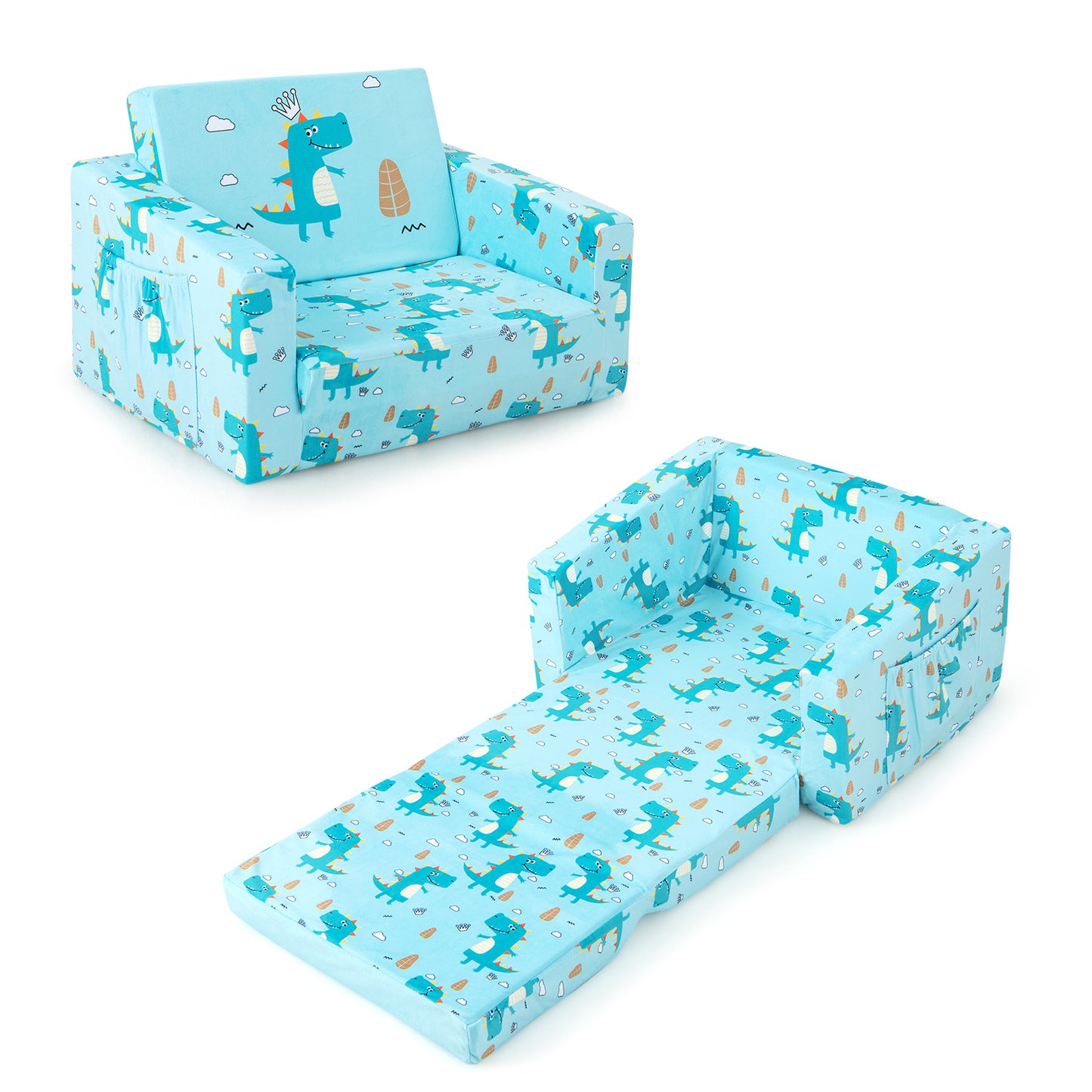 Kids Recliner Sofa Converts to Sleeper Bed - Blue Dinosaur