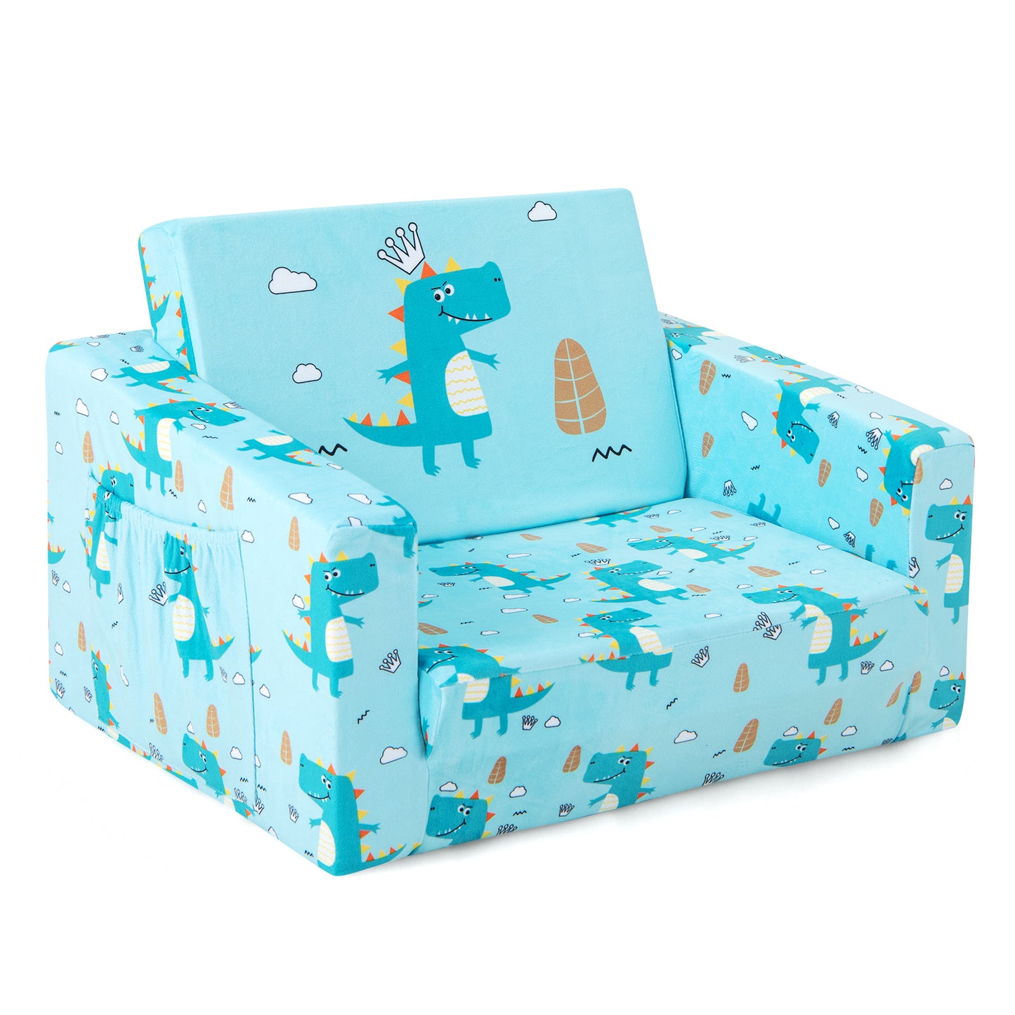 Kids Recliner Sofa Converts to Sleeper Bed - Blue Dinosaur