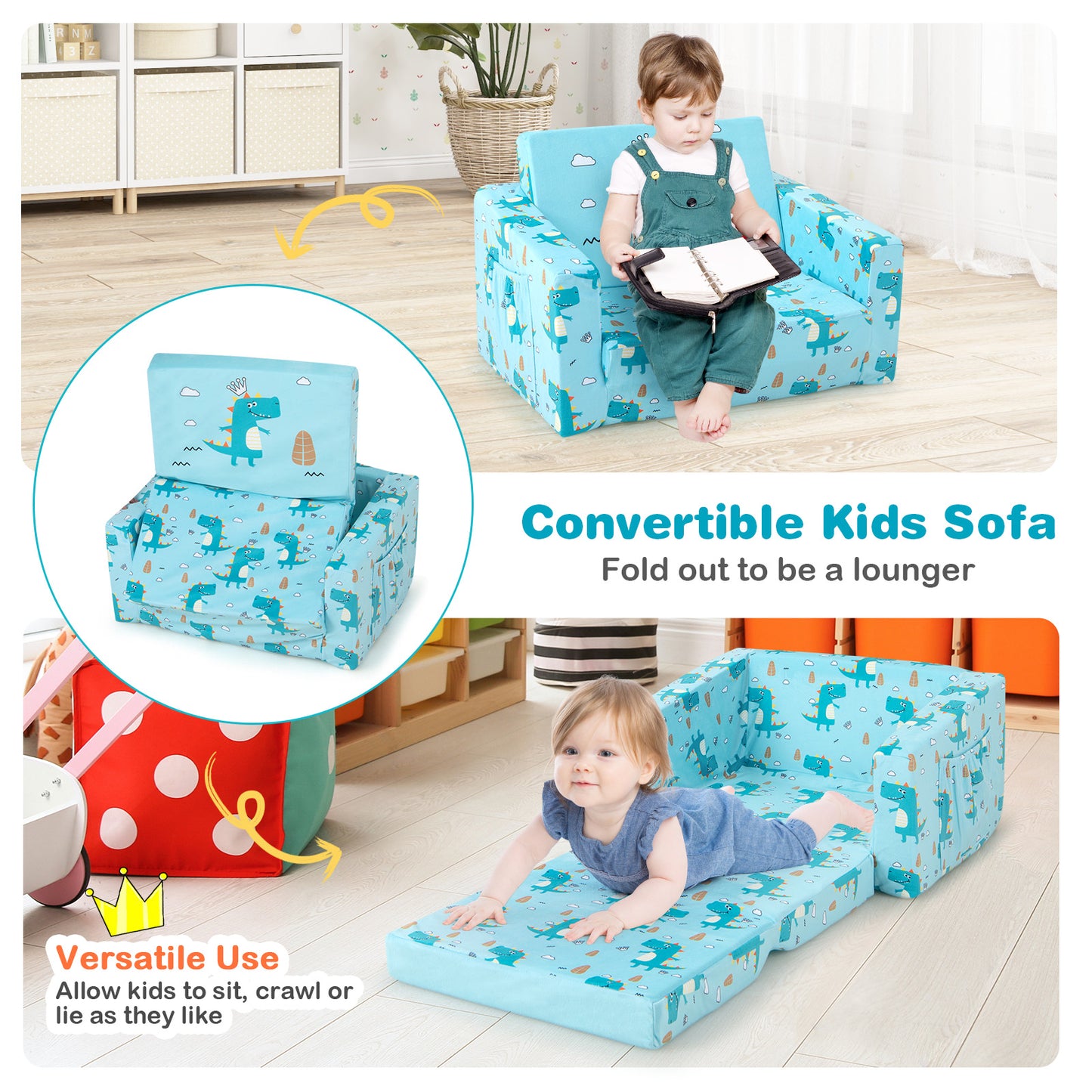 Kids Recliner Sofa Converts to Sleeper Bed - Blue Dinosaur