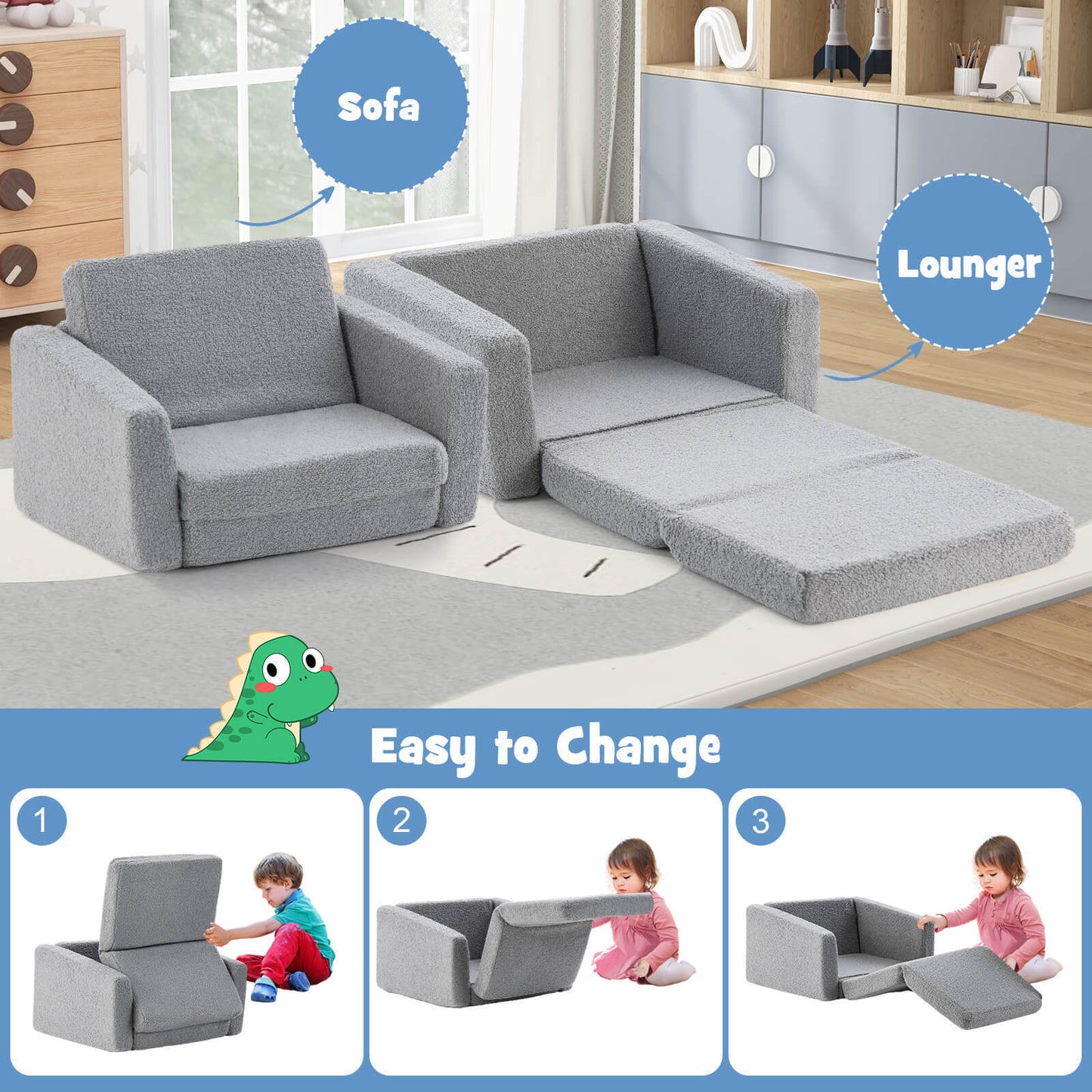 Toddler Fold Out Couch 2-in-1 Convertible Sofa