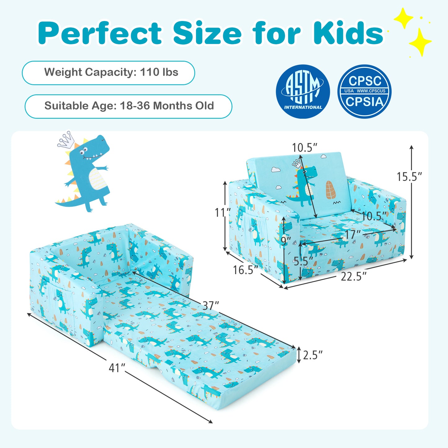 Kids Recliner Sofa Converts to Sleeper Bed - Blue Dinosaur