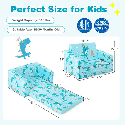 Kids Recliner Sofa Converts to Sleeper Bed - Blue Dinosaur