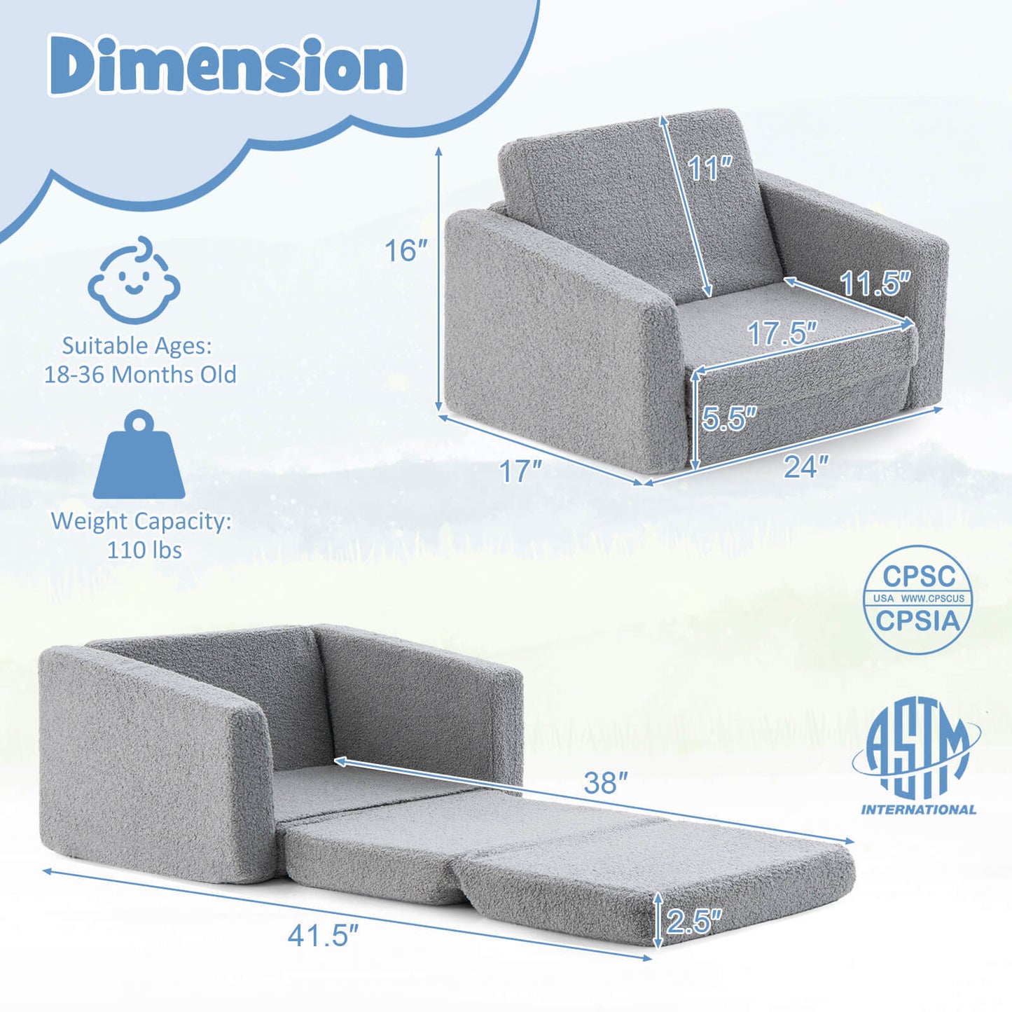 Toddler Fold Out Couch 2-in-1 Convertible Sofa