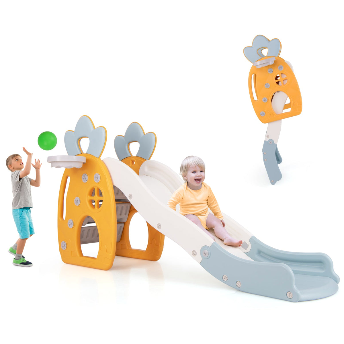 Foldable Slide with Basketball Hoop and Buffer Zone for Kids Aged 3+ Years Old