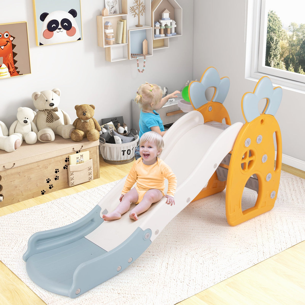 Foldable Slide with Basketball Hoop and Buffer Zone for Kids Aged 3+ Years Old