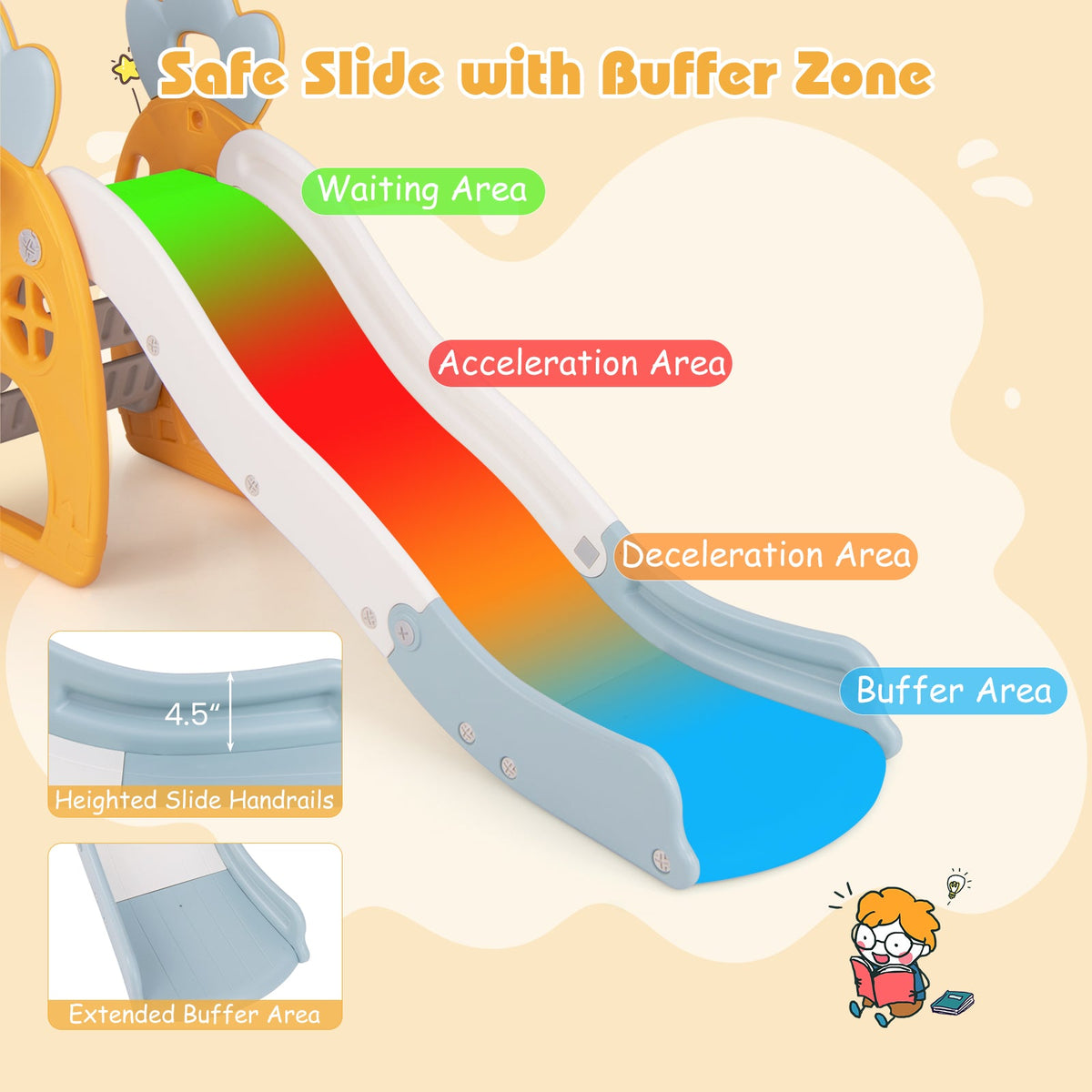 Foldable Slide with Basketball Hoop and Buffer Zone for Kids Aged 3+ Years Old