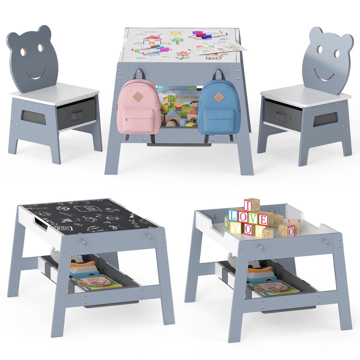 Kids Table and 2 Chairs Set with Reversible Chalkboard