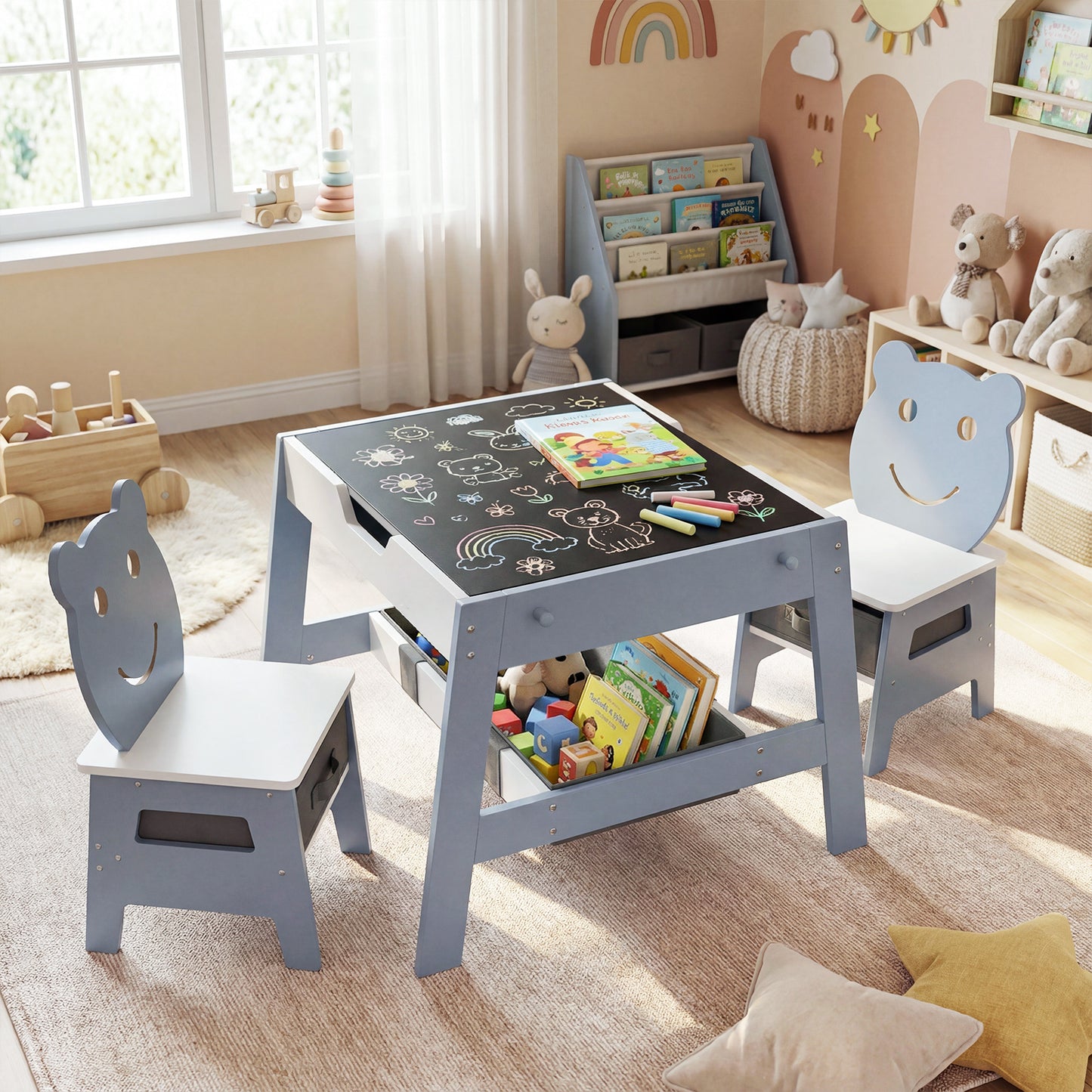 Kids Table and 2 Chairs Set with Reversible Chalkboard