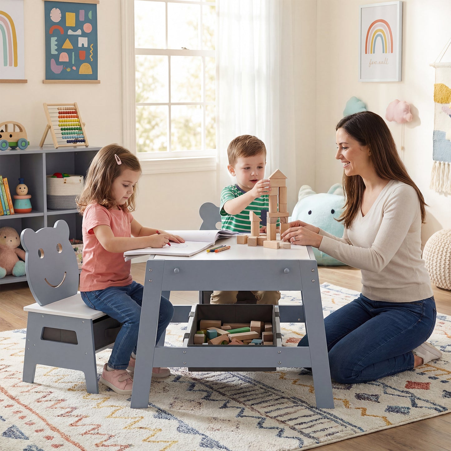 Kids Table and 2 Chairs Set with Reversible Chalkboard