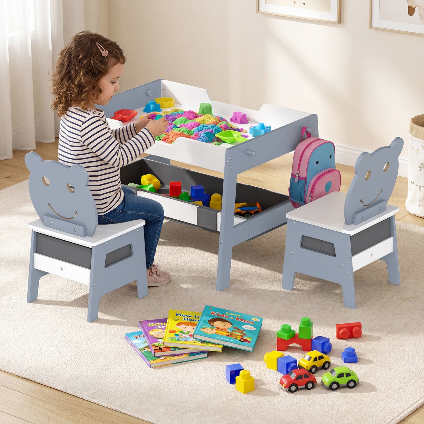 Kids Table and 2 Chairs Set with Reversible Chalkboard