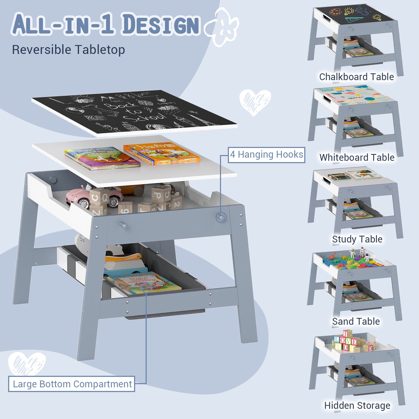 Kids Table and 2 Chairs Set with Reversible Chalkboard