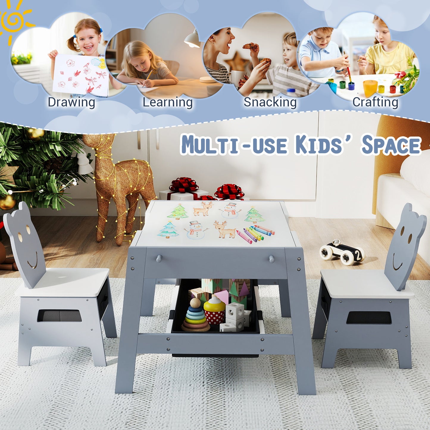 Kids Table and 2 Chairs Set with Reversible Chalkboard