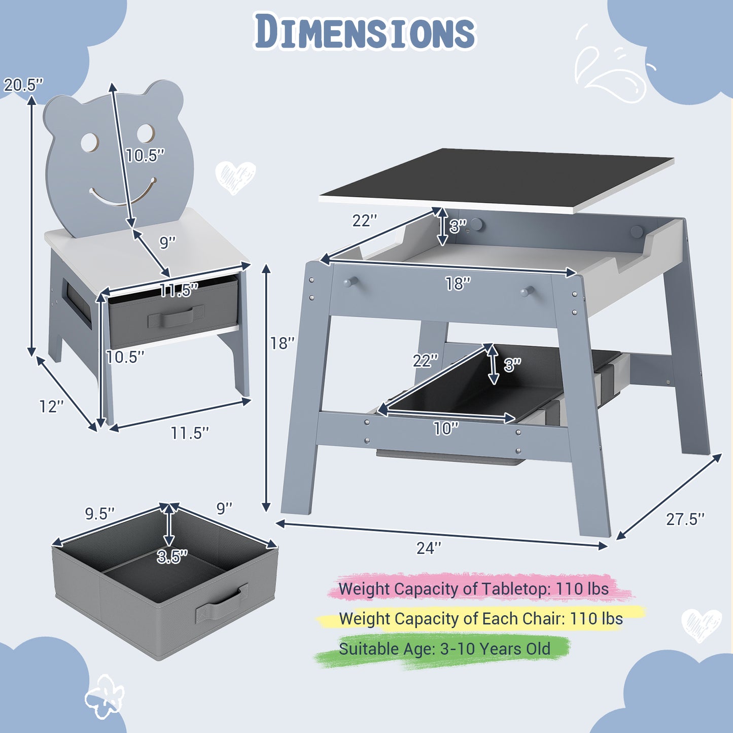Kids Table and 2 Chairs Set with Reversible Chalkboard