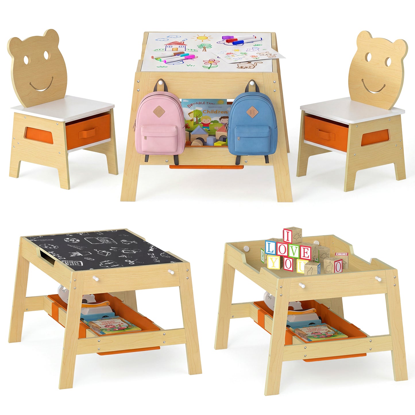 Kids Table and 2 Chairs Set with Reversible Chalkboard