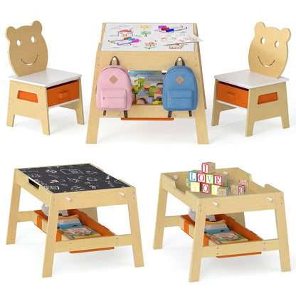 Kids Table and 2 Chairs Set with Reversible Chalkboard